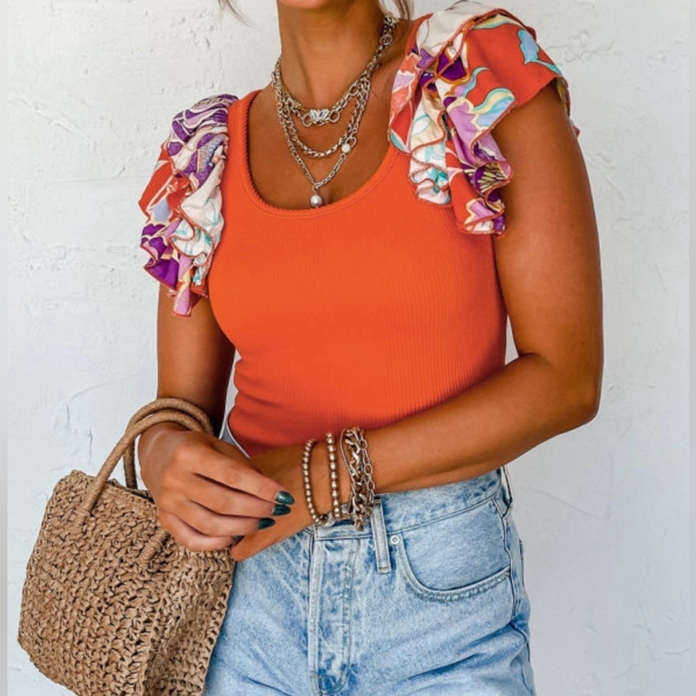 Vibrant Orange Ruffle Sleeve Top - Picture 5 of 16